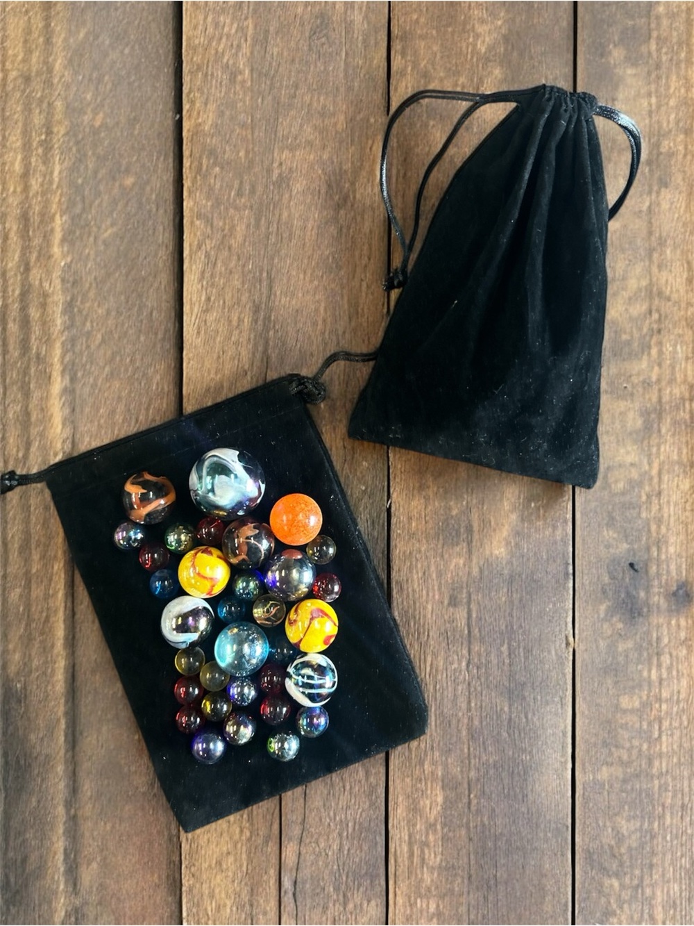 Glass Marble Set with Velvet Drawstring Pouches - Multi Color
